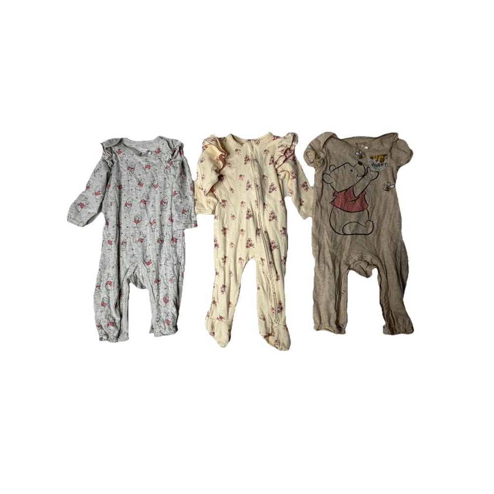 3 Baby Girl Sleeper Romper Lot 6-9 Months Disney Baby Rabbit Bear Winnie Pooh - Picture 1 of 7